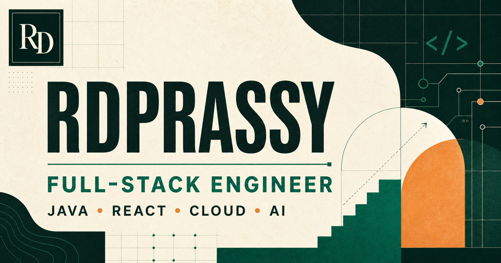 rdprassy full-stack engineer brand card featuring Java, React, Cloud, and AI
